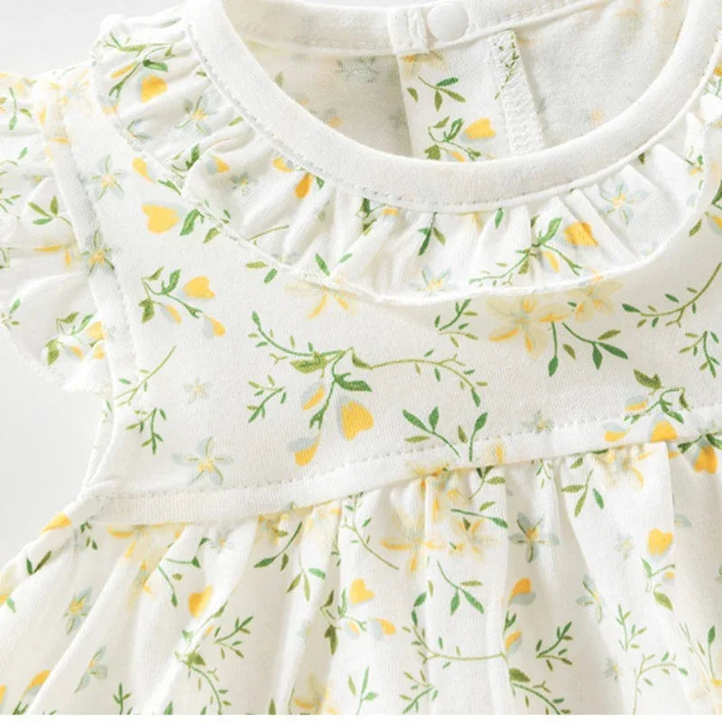 100% Cotton Flutter-Sleeve Dress - Yellow Spring Floral - Organic Cotton Clubs