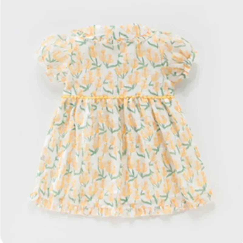 Cotton Short-Sleeve Princess Dress - Yellow Tulip - Organic Cotton Clubs