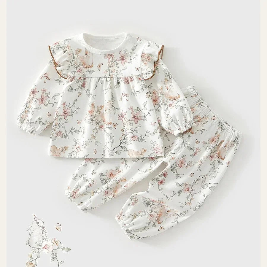 100% Cotton Long Sleeve Top & Pants Set - Floral Garden