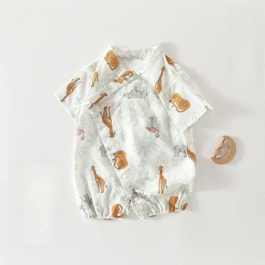 Cotton & Bamboo Muslin Short Sleeve Kimono Romper - Flamingos & Giraffes - Organic Cotton Clubs
