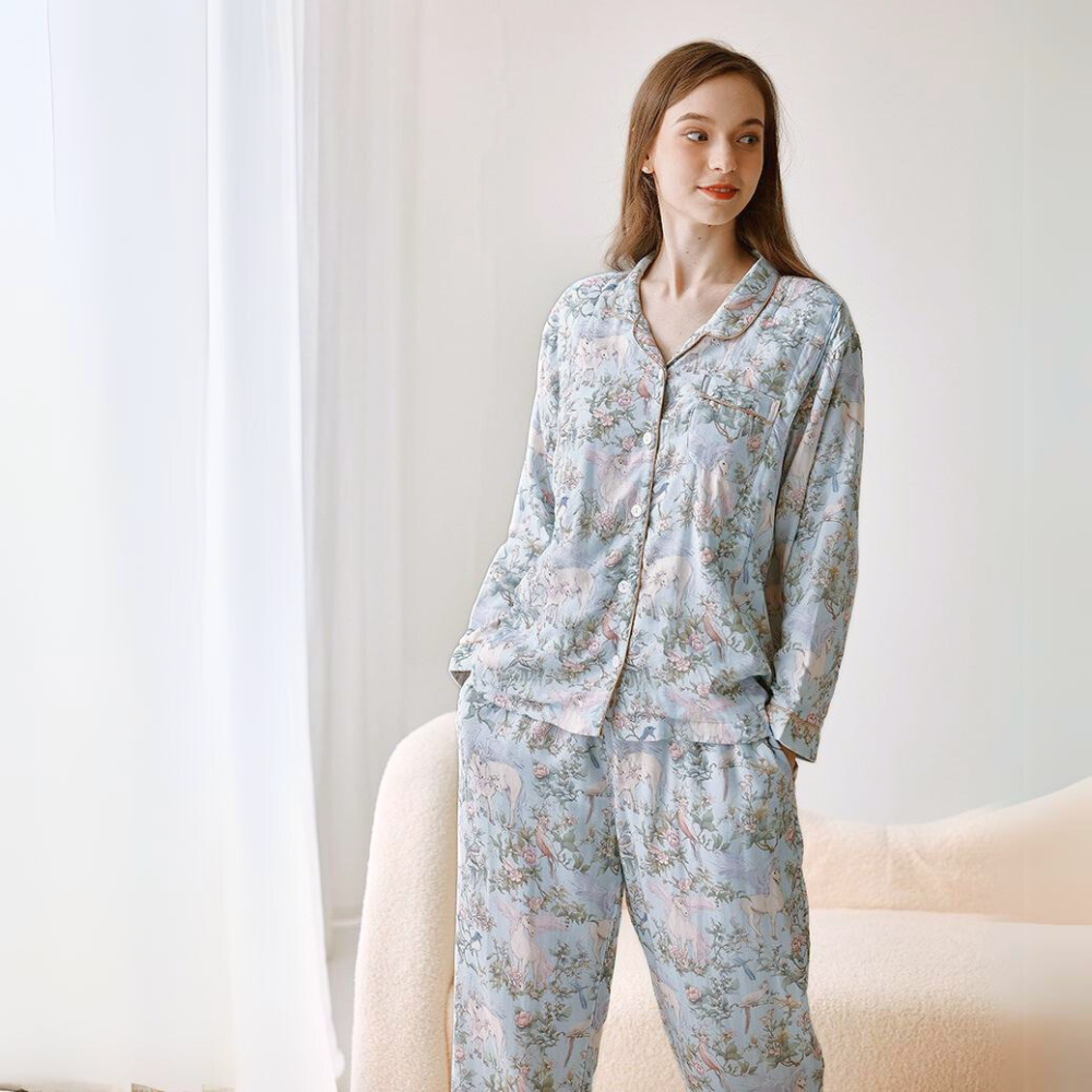 Organic Cotton Muslin Warm Maternity Pajama- Blue Dream Garden - Organic Cotton Clubs