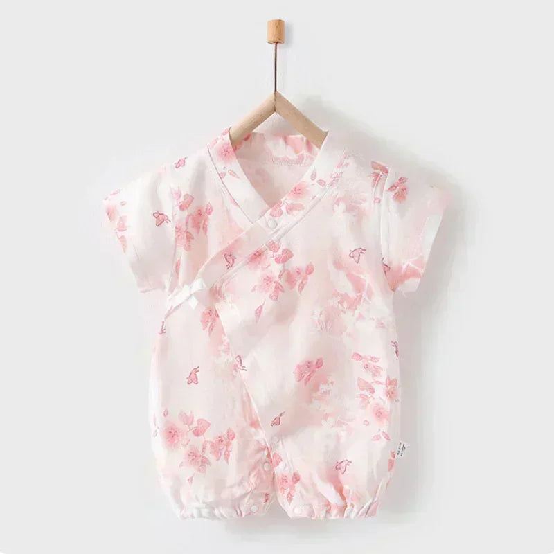 Cotton & Bamboo Muslin Short Sleeve Romper - Water Lily - Organic Cotton Clubs