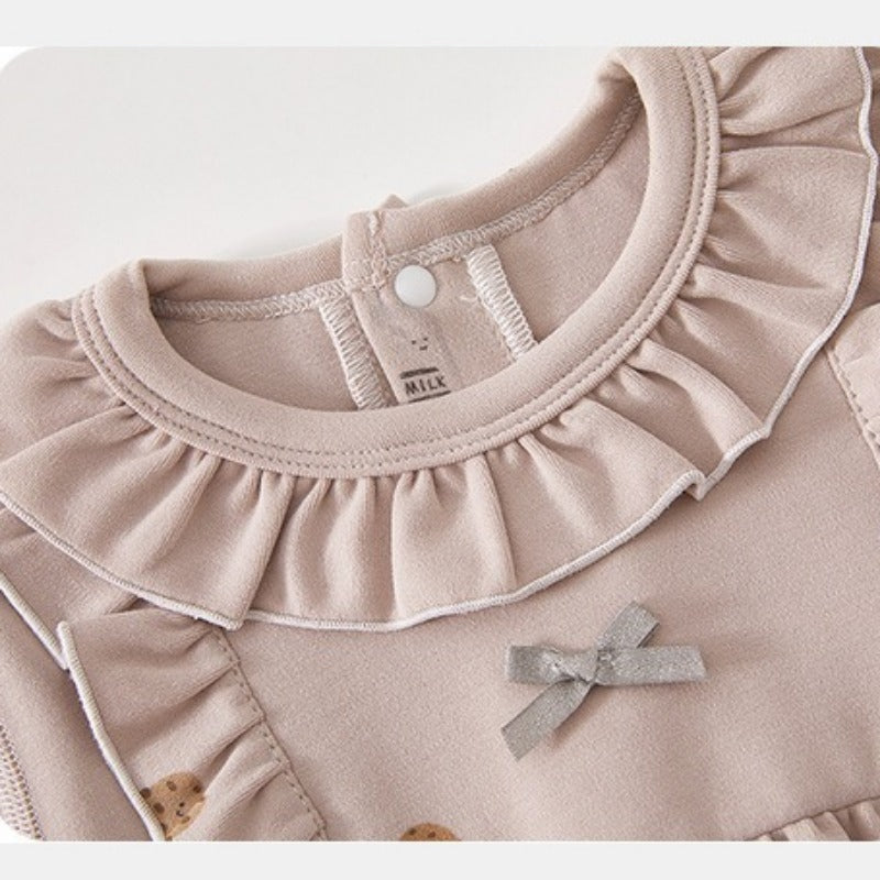 100% Cotton Snap-up Long-Sleeve Romper - Cookie & Bowknot