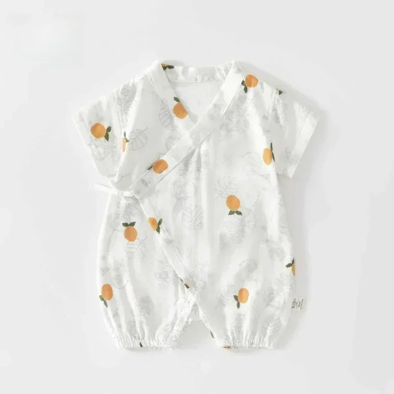 Cotton & Bamboo Muslin Short Sleeve Kimono Romper - Lemon - Organic Cotton Clubs