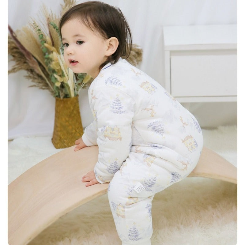 100% Cotton Quilted Long Sleeve Snap-Up Romper - Blue Tree