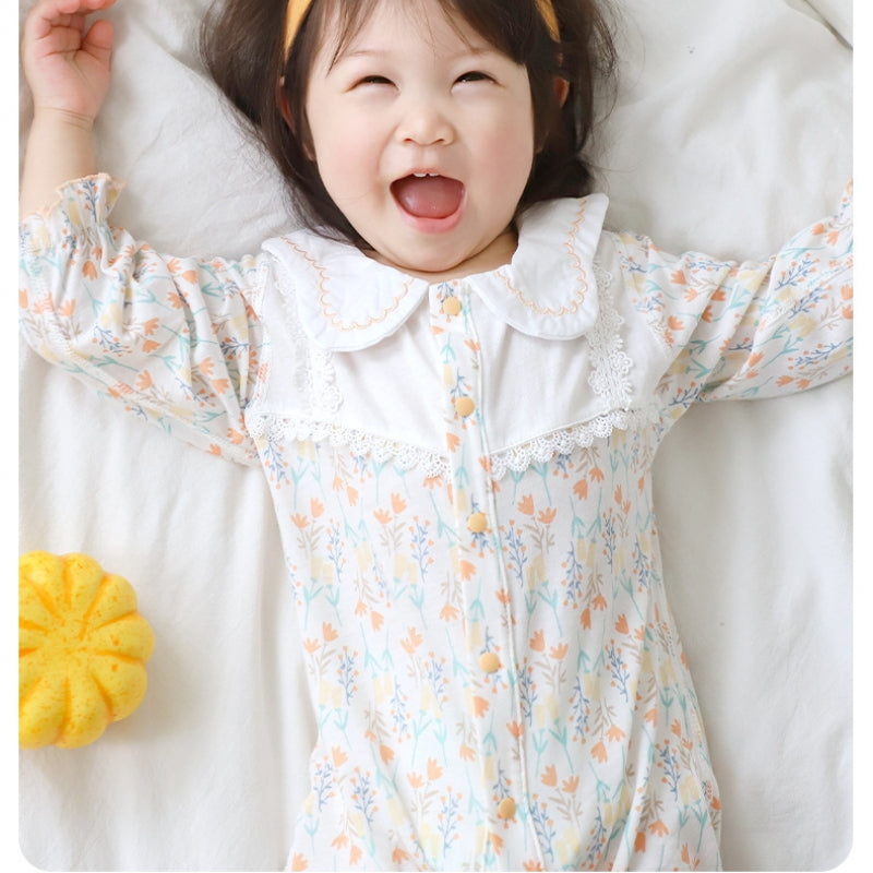 100% Cotton Long Sleeve Floral Romper - Bunny Garden - Organic Cotton Clubs