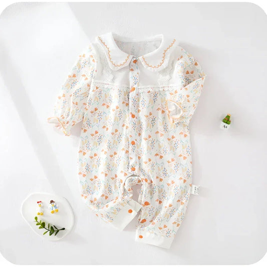 100% Cotton Long Sleeve Floral Romper - Bunny Garden - Organic Cotton Clubs