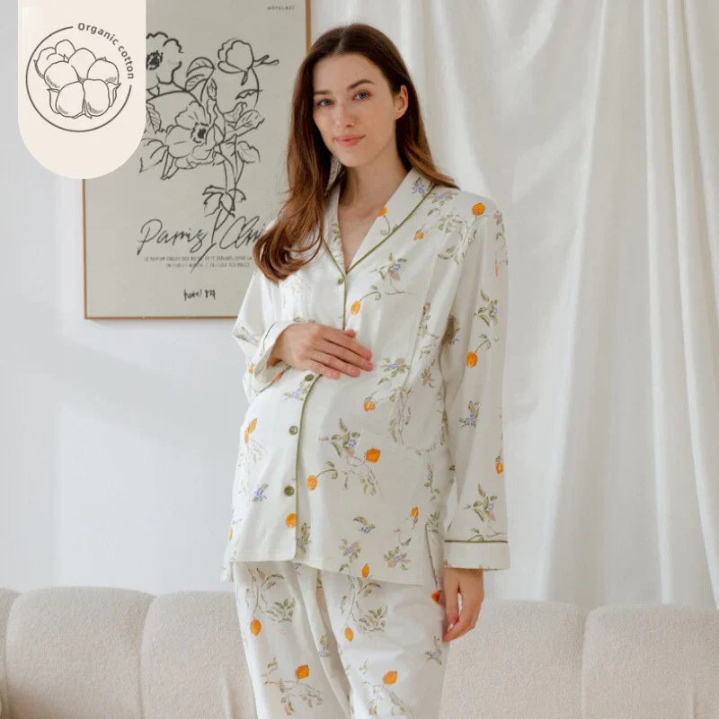 🔥Organic Cotton Muslin Button-Up Maternity Pajama- Orange Blossom - Organic Cotton Clubs