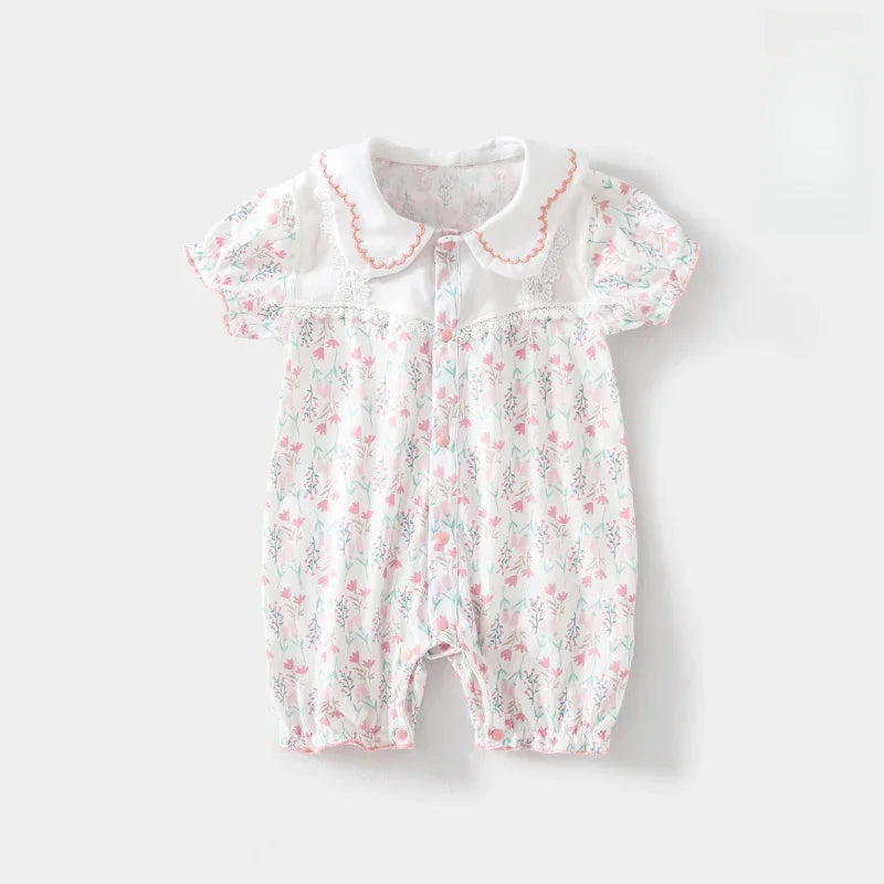 100% Cotton Short Sleeve Snap-Up Romper - Pink Floral - Organic Cotton Clubs