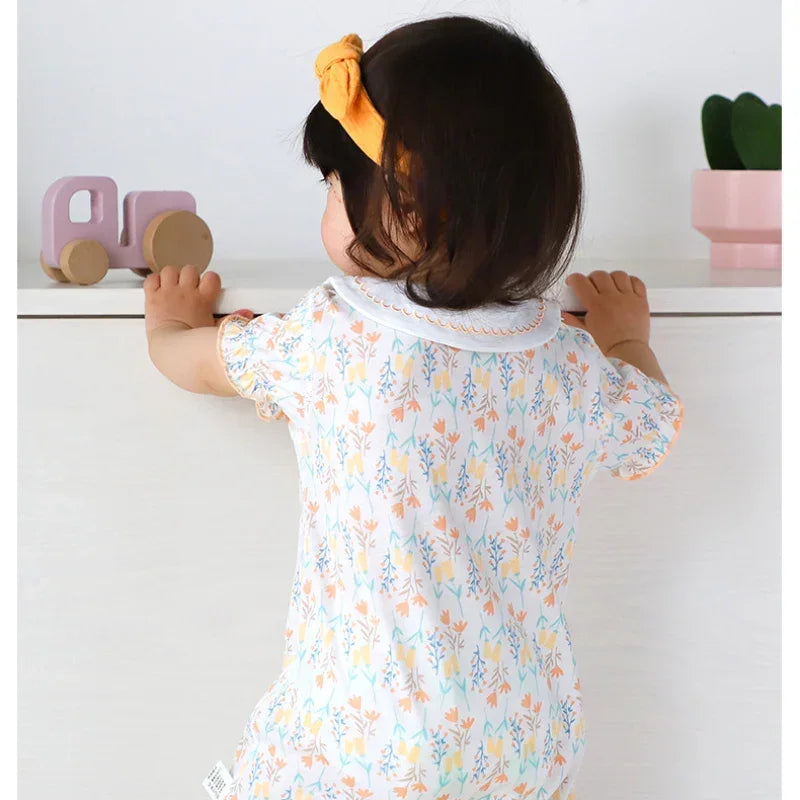 100% Cotton Short Sleeve Snap-Up Romper - Pink Floral - Organic Cotton Clubs