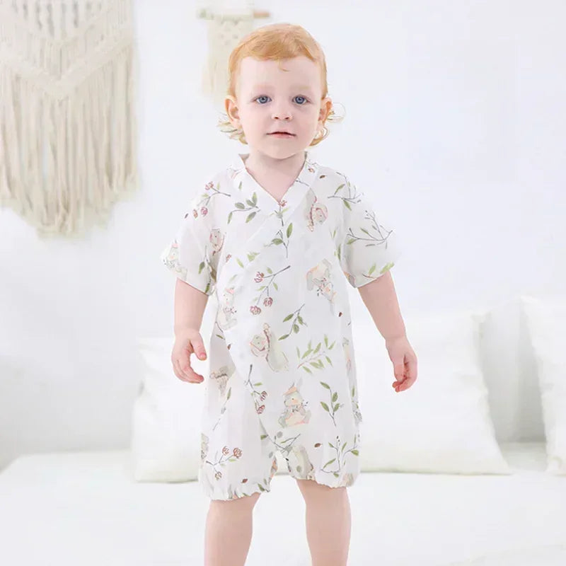Cotton & Bamboo Muslin Short Sleeve Romper - Goose - Organic Cotton Clubs