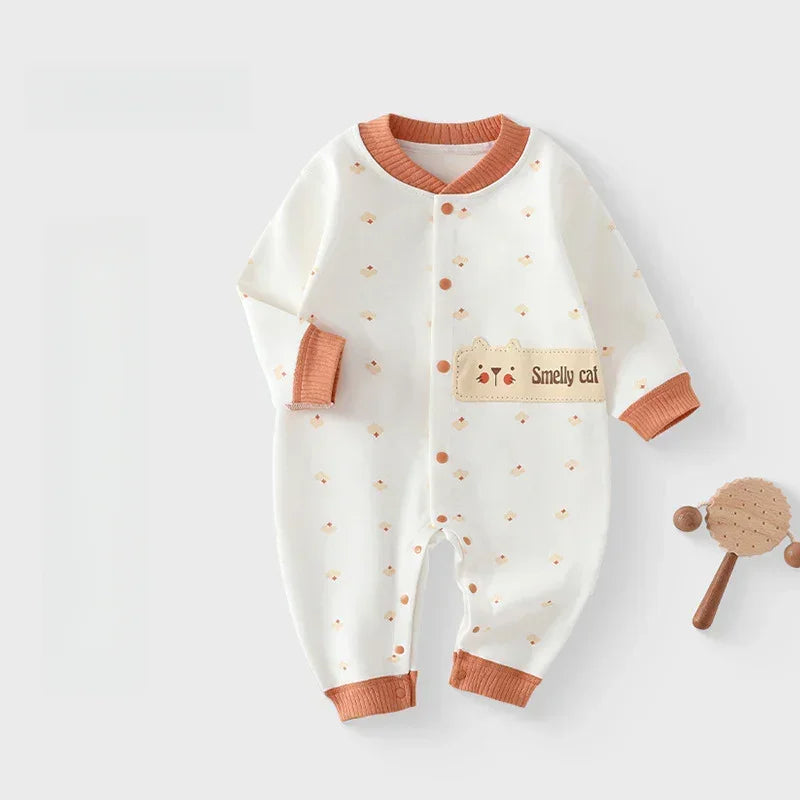 Cotton Long Sleeve Snap-Up Romper - Yellow Cat - Organic Cotton Clubs