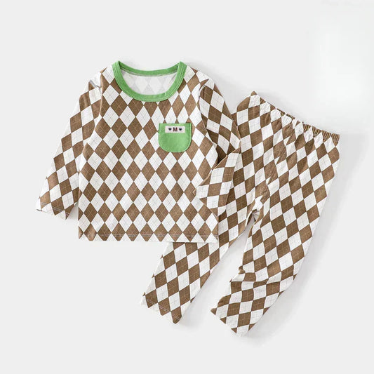 100% Cotton Long Sleeve Top & Pants Set - Brown Plaid - Organic Cotton Clubs