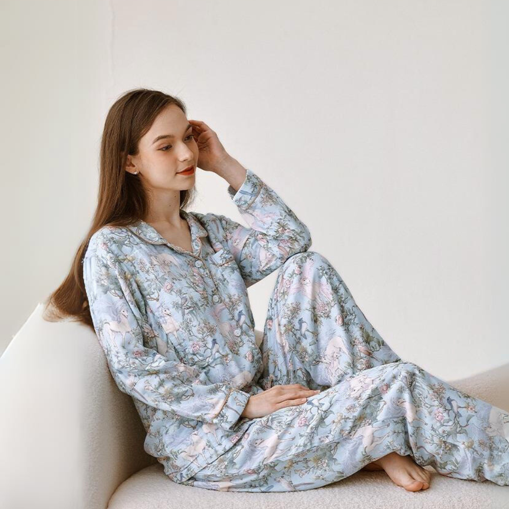 Organic Cotton Muslin Warm Maternity Pajama- Blue Dream Garden - Organic Cotton Clubs