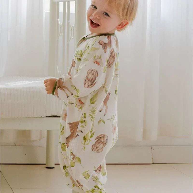Organic Cotton Muslin Long Sleeve Sleepsuit Summer - Maple Leaves - Organic Cotton Clubs