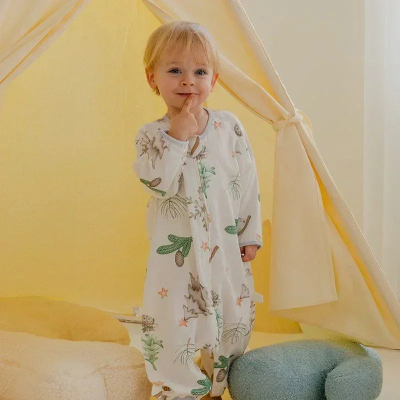 Organic Cotton Muslin Long Sleeve Sleepsuit Summer - Maple Leaves - Organic Cotton Clubs