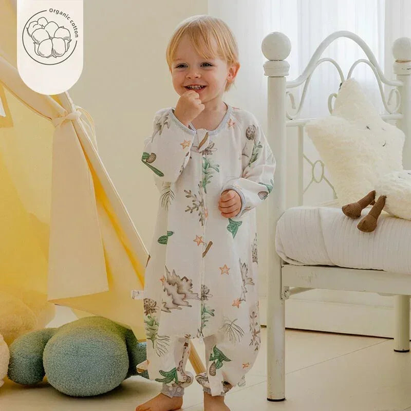 Organic Cotton Muslin Long Sleeve Sleepsuit Summer - Maple Leaves - Organic Cotton Clubs