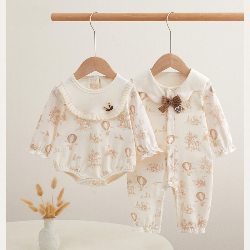 100% Cotton Long Sleeve Snap-Up Romper - Bowknot with Flowers - Organic Cotton Clubs