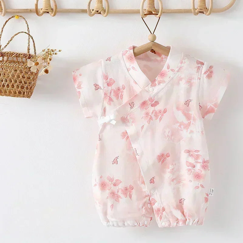 Cotton & Bamboo Muslin Short Sleeve Romper - Water Lily - Organic Cotton Clubs