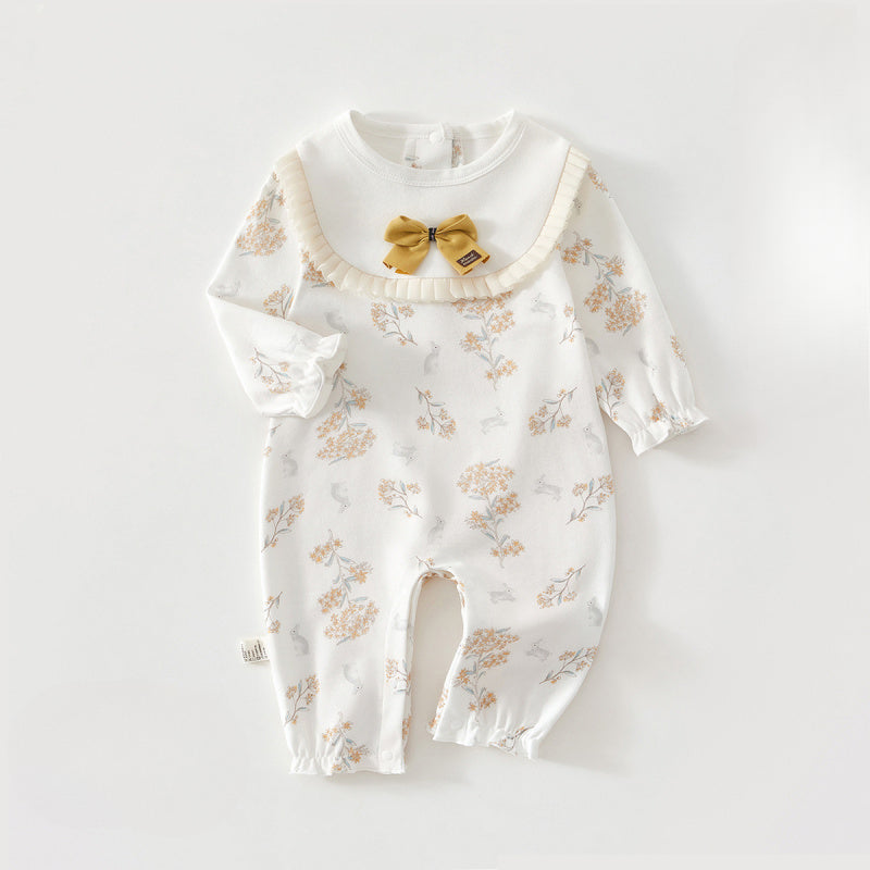 100% Cotton Long Sleeve Snap-Up Romper - Bowknot with Flowers - Organic Cotton Clubs
