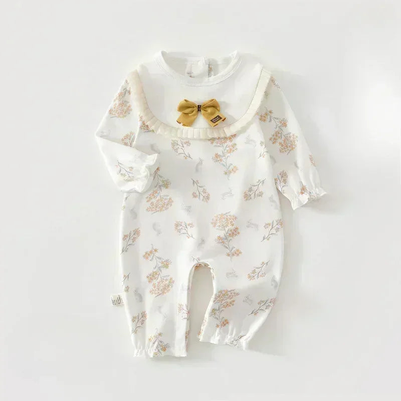 100% Cotton Long Sleeve Snap-Up Romper - Bowknot with Flowers - Organic Cotton Clubs