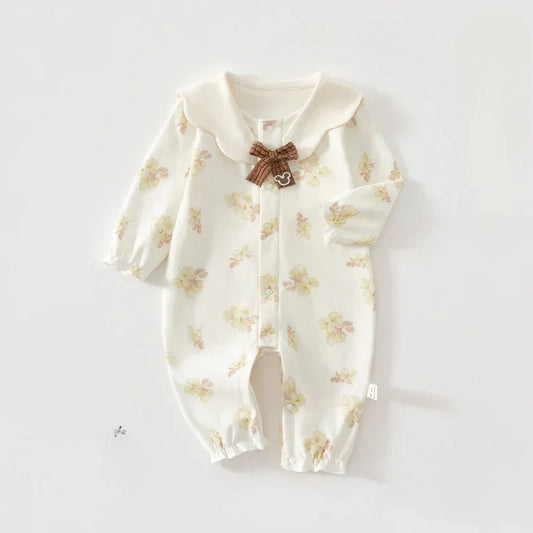 100% Cotton Long Sleeve Snap-Up Romper - Bowknot with Flowers - Organic Cotton Clubs