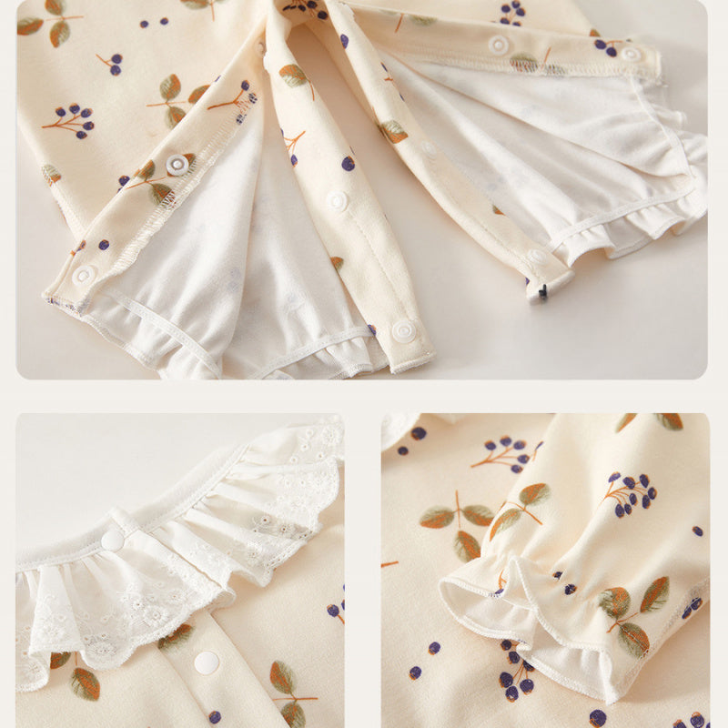 100% Cotton Long Sleeve Snap-Up Romper - Fruits & Leaves - Organic Cotton Clubs