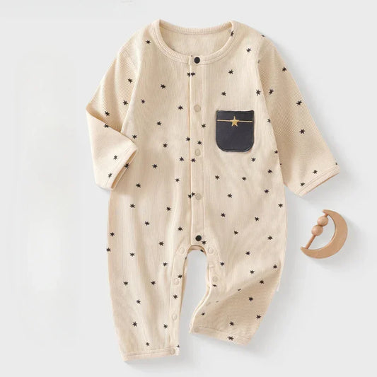 Cotton Snap-Up Long Sleeve Romper - Brown Moon - Organic Cotton Clubs