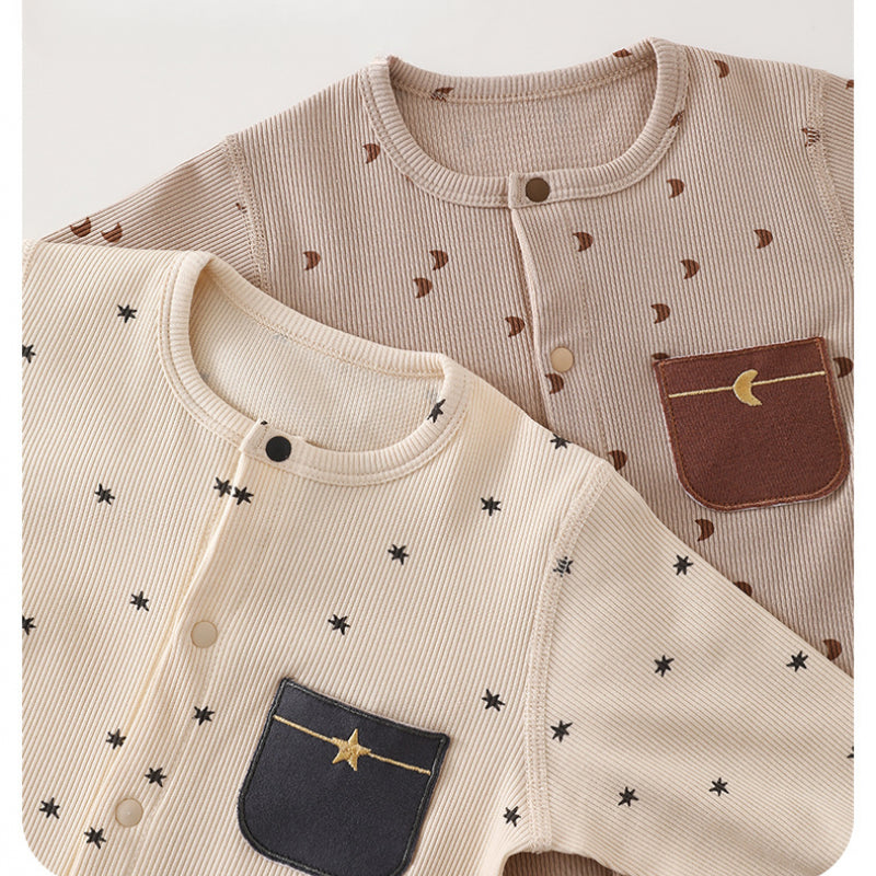 Cotton Snap-Up Long Sleeve Romper - Brown Moon - Organic Cotton Clubs