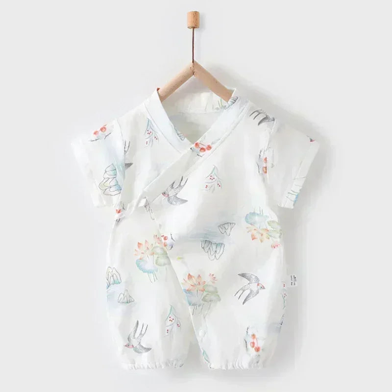 Cotton & Bamboo Muslin Short Sleeve Romper - Water Lily - Organic Cotton Clubs