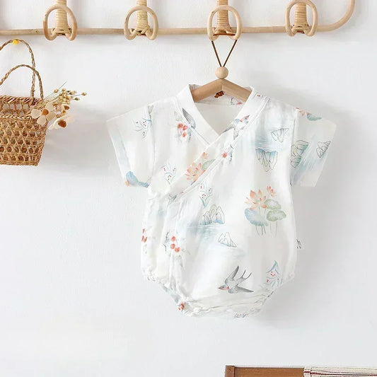 Cotton & Bamboo Muslin Short Sleeve Bodysuit - Green Leaves - Organic Cotton Clubs