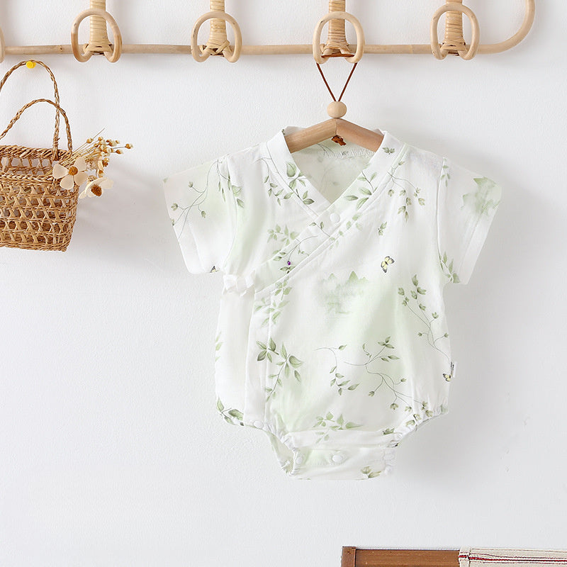 Cotton & Bamboo Muslin Short Sleeve Bodysuit - Green Leaves - Organic Cotton Clubs