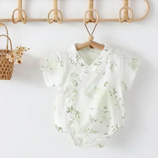 Cotton & Bamboo Muslin Short Sleeve Bodysuit - Green Leaves - Organic Cotton Clubs