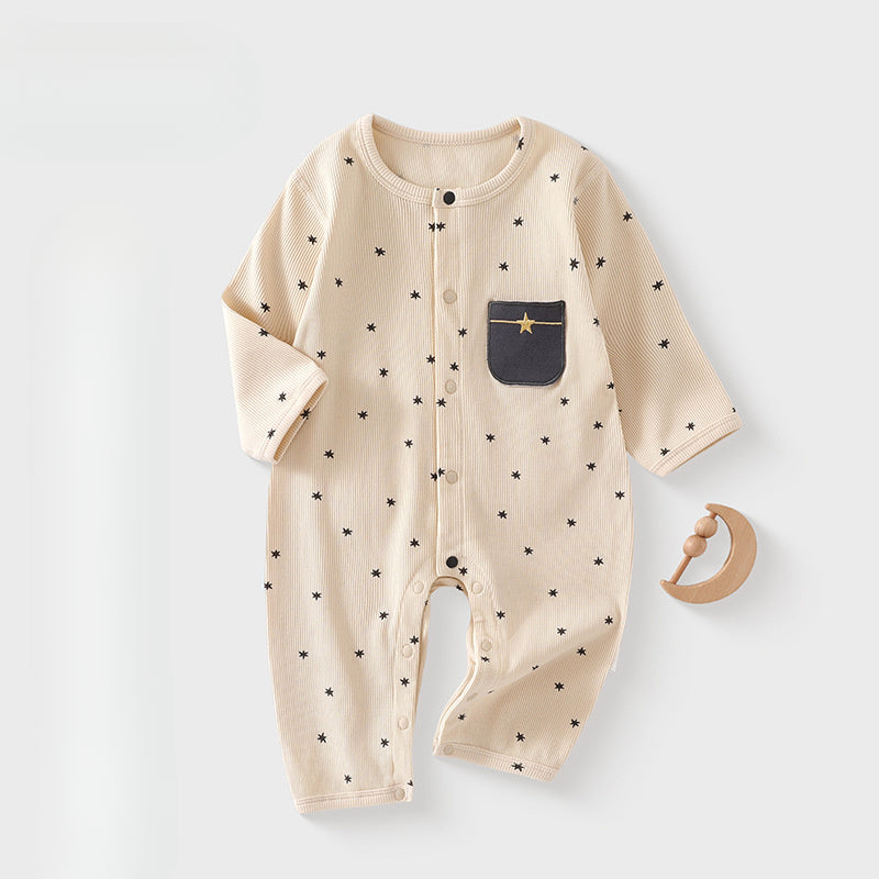 Cotton Snap-Up Long Sleeve Romper - Brown Moon - Organic Cotton Clubs