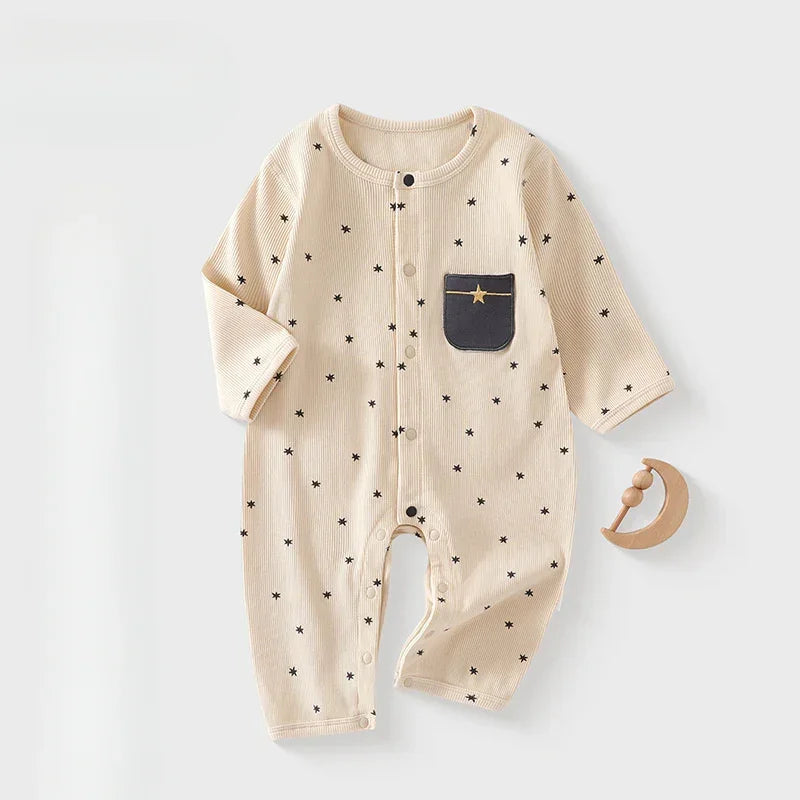 Cotton Snap-Up Long Sleeve Romper - Brown Moon - Organic Cotton Clubs