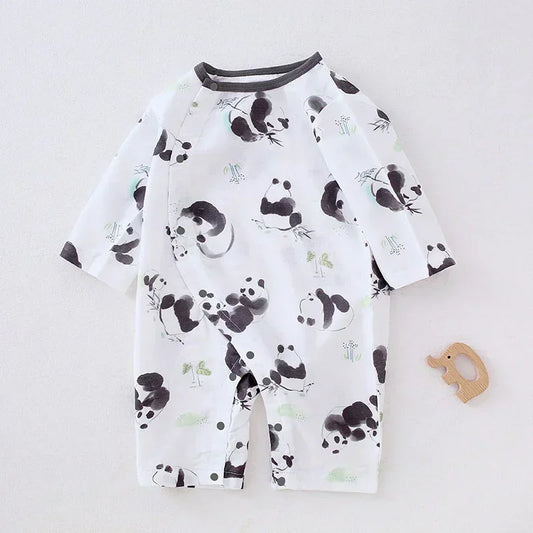 Cotton & Bamboo Muslin Long Sleeve Romper - Panda - Organic Cotton Clubs