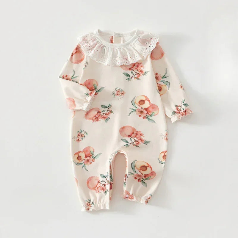 100% Cotton Long Sleeve Snap-Up Romper - Fruits & Leaves - Organic Cotton Clubs