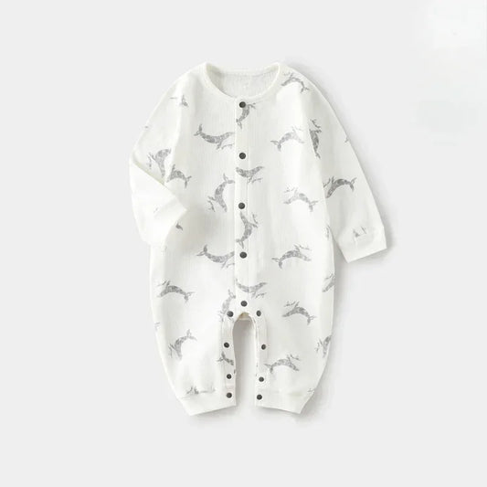 Cotton Snap-Up Long Sleeve Romper - White Dolphin - Organic Cotton Clubs