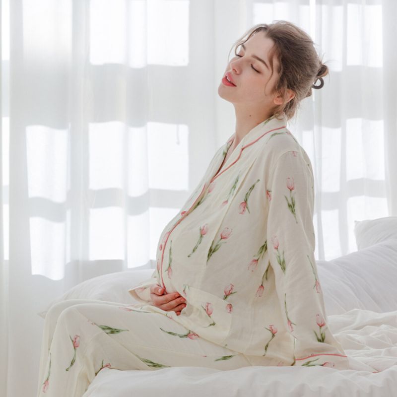 Organic Cotton Muslin Button-Up Maternity Pajama - Pomegranate - Organic Cotton Clubs