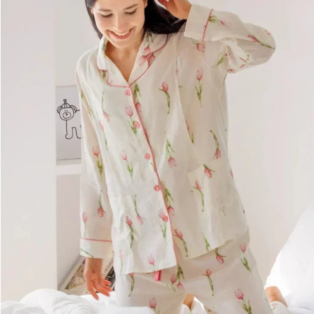 Organic Cotton Muslin Button-Up Maternity Pajama - Pomegranate - Organic Cotton Clubs