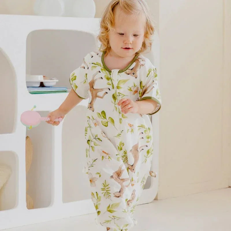 Organic Cotton Muslin Short Sleeve Sleepsuit Summer - Deer - Organic Cotton Clubs
