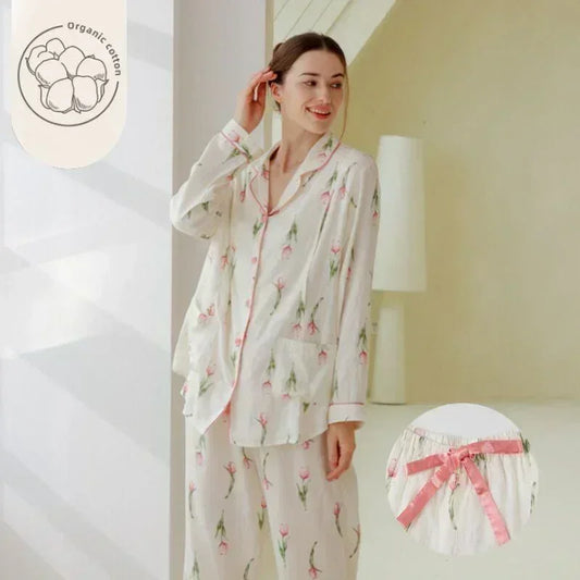 Organic Cotton Muslin Long Sleeve Button-Up Pajama - Cherry - Organic Cotton Clubs