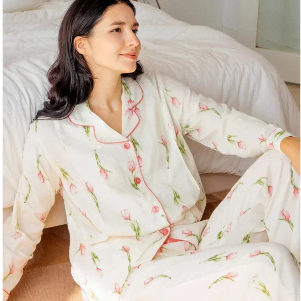 Organic Cotton Muslin Button-Up Maternity Pajama - Pomegranate - Organic Cotton Clubs