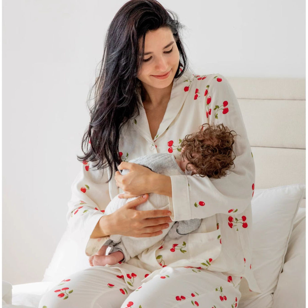 Organic Cotton Muslin Button-Up Maternity Pajama - Pomegranate - Organic Cotton Clubs