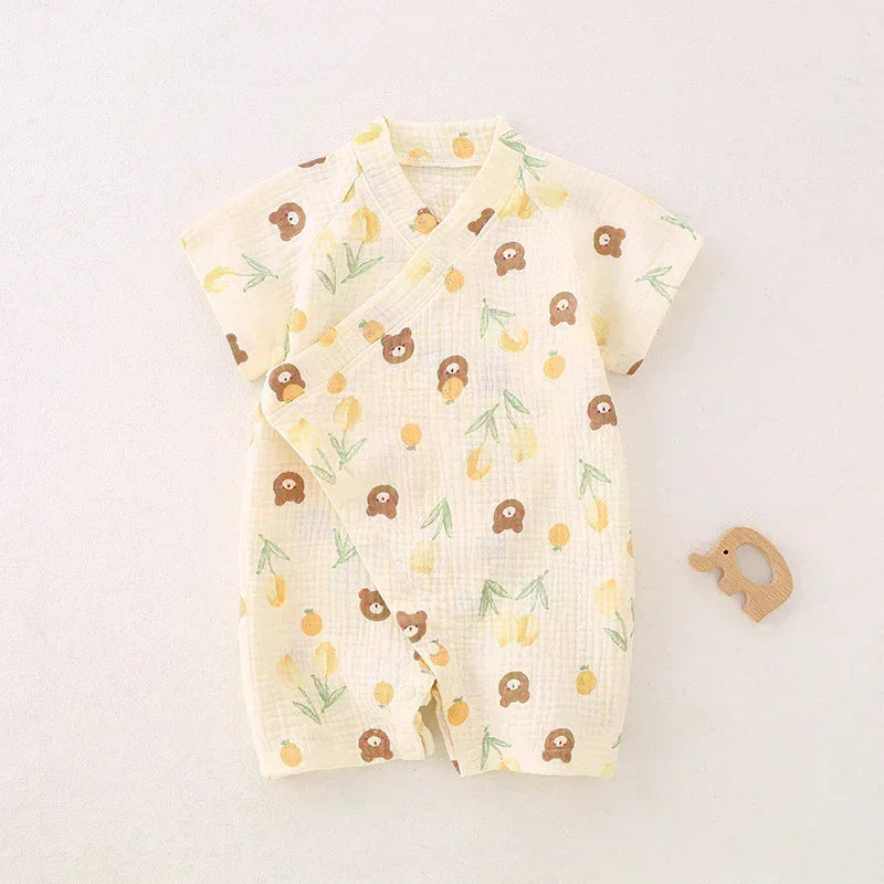 100% Cotton Muslin Short Sleeve Romper - Brown Bear - Organic Cotton Clubs