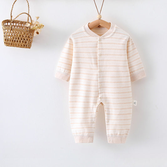 Cotton Snap-Up Long Sleeve Romper - Beige Stripe