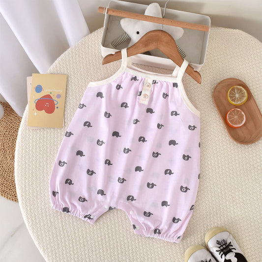 100% Cotton Sleeveless Romper - Pink Elephant
