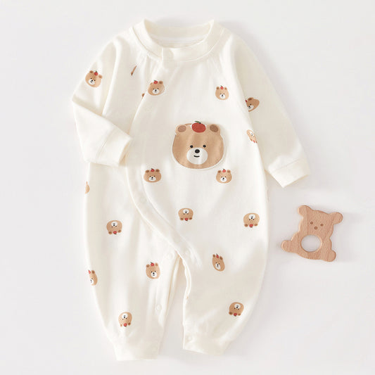 100% Cotton Long Sleeve Romper - Apple Bear