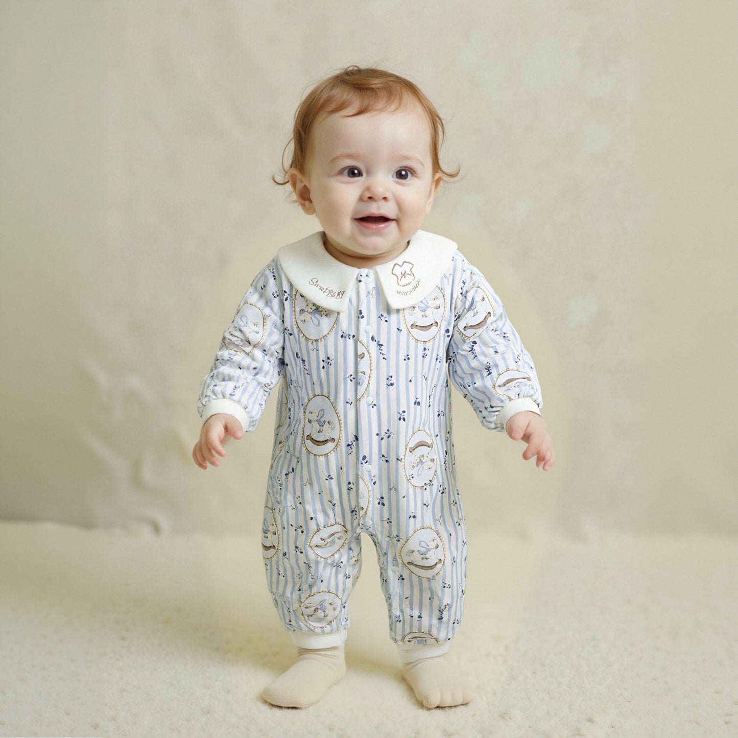 100% Cotton Quilted Long Sleeve Snap-Up Romper - Blue Zebra