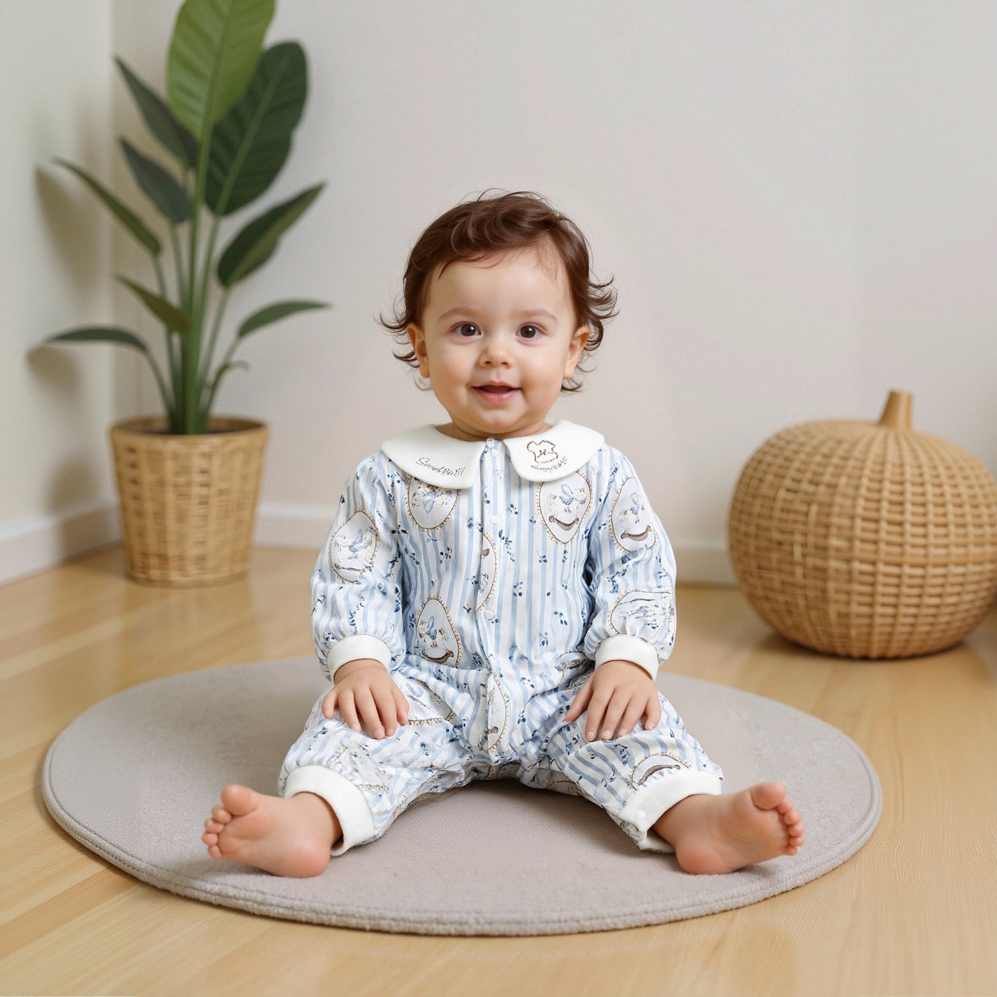 100% Cotton Quilted Long Sleeve Snap-Up Romper - Blue Zebra